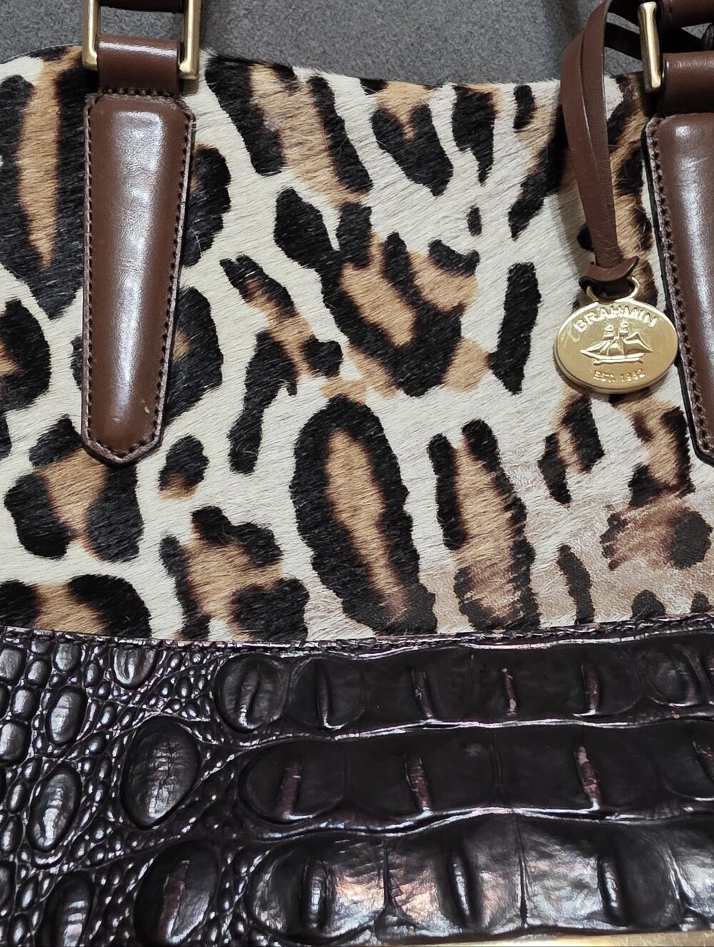 Brahmin Leopard Haircalf Satchel with Matching Wallet in Brown and Cream - Picture 10 of 12